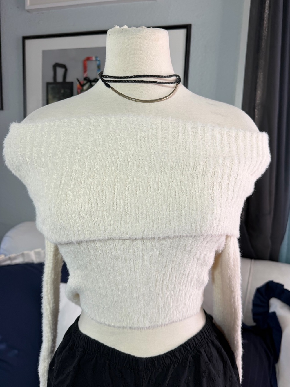 Pink Rose Off-the-Shoulder Fuzzy Crop Sweater in Cream